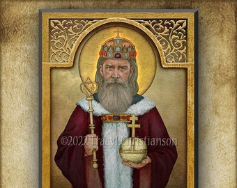 St. Stephen of Hungary Wood Icon and Holy Card GIFT SET