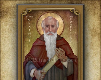 Icono de madera de San Máximo el Confesor y tarjeta sagrada SET de REGALO para la Confirmación