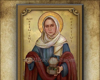 St. Hermione of Ephesus Wood Icon/Plaque & Holy Card GIFT SET, Catholic Patron Saint for healers