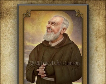 St. Padre Pio (C) Wood Plaque & Holy Card GIFT SET, Catholic Saint, Stigmata