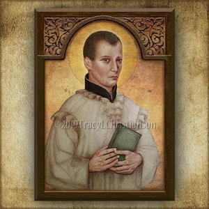 May include: A painting of a man in a white robe holding a book. He has short brown hair and a light complexion. The background is a yellow and gold color.