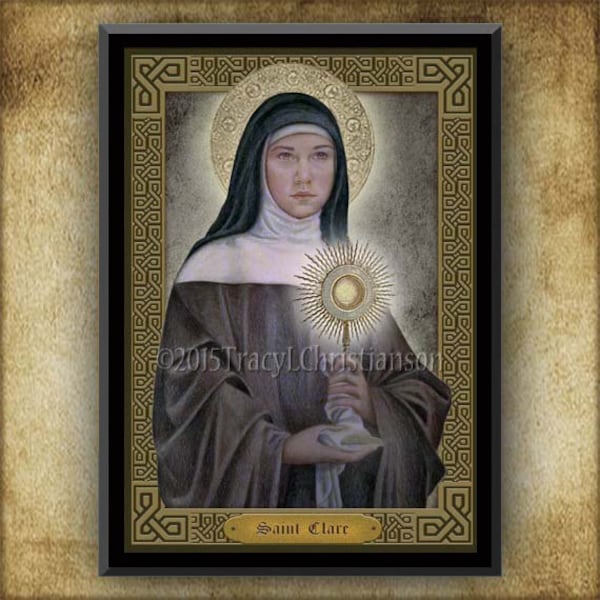 St. Clare of Assisi, Wood Plaque and Holy Card GIFT SET, Catholic patron saint of eye disease