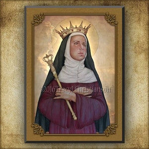 May include: A religious icon of a woman wearing a crown and a burgundy robe, holding a scepter. The background is a light brown with a gold frame.
