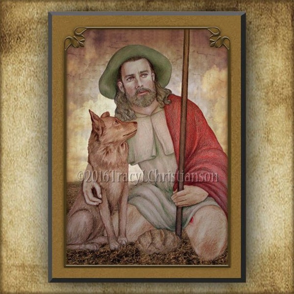 St. Roch Wood Plaque and Holy Card Gift Set, Catholic Patron Saint for Dogs