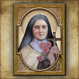 St. Therese of Lisieux (A) Wood Plaque and Holy Card GIFT SET, Doctor of the Church, The Little Flower
