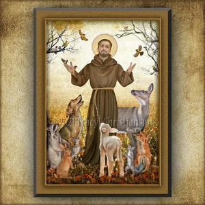 St. Francis of Assisi and Animals Wood Icon & Holy Card GIFT SET, Franciscan Catholic Patron Saint of Animals