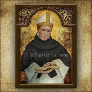 May include: A painting of a man in a brown robe and a white mitre. He is holding a book in his hands. The painting is set against a gold background.