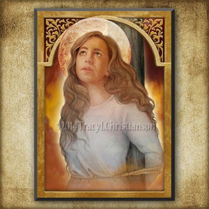 May include: A painting of a woman with long brown hair, wearing a light blue dress and a rope belt. She is standing in front of a wooden post with a halo above her head. The background is a warm orange and yellow.
