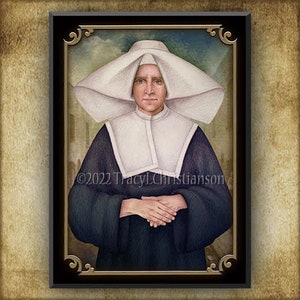 May include: A portrait of a woman wearing a white habit and a blue robe. She has her hands clasped in front of her and is looking directly at the viewer. The image is framed in a gold and black frame.