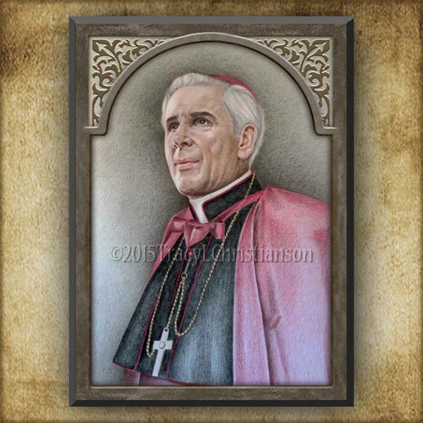 Ven. Archbishop Fulton Sheen Wood Plaque & Holy Card GIFT SET, Catholic Bishop of the Media