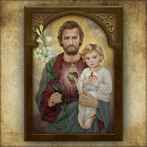 St. Joseph, Chaste Heart and Baby Jesus Wood Icon/Plaque & Holy Card GIFT SET, for  Christening, Fathers Day