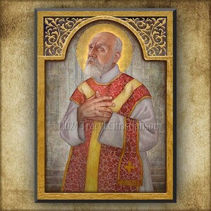 May include: A framed religious portrait of a man with a white beard, wearing a red and gold vestment. The portrait has a gold halo and is set against a textured background. The frame is gold with ornate detailing. The artist's signature is visible.