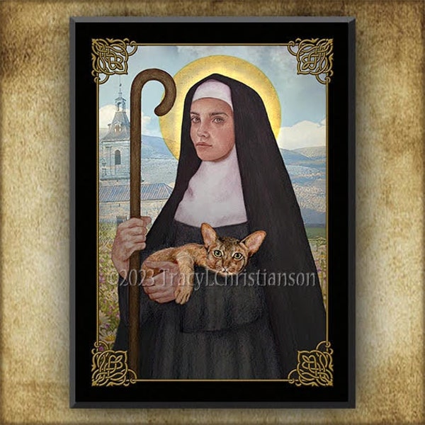 St. Gertrude of Nivelles Wood Icon/Plaque & Holy Card GIFT SET, Patron of Cats and rodent problems