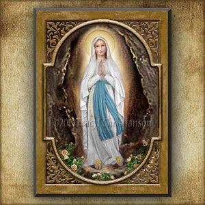 Our Lady of Lourdes Wood Plaque and Holy Card GIFT SET