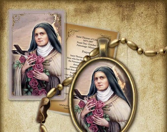 St. Therese of Lisieux, the Little Flower, (C) Pendant and Holy Card GIFT SET Catholic saint for confirmation