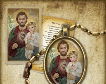 Saint Joseph, Cœur Chaste et Enfant Jésus Pendentif/Porte-clés et Carte Sainte/Carte de Prière COFFRET CADEAU Patron de la Chasité/Pureté