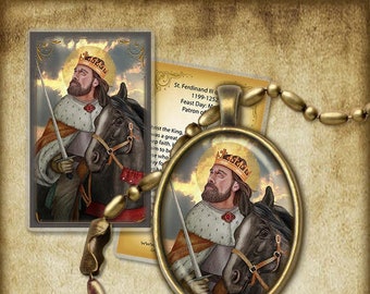 St. Ferdinand III of Castile Pendant/Key ring and Holy Card GIFT SET