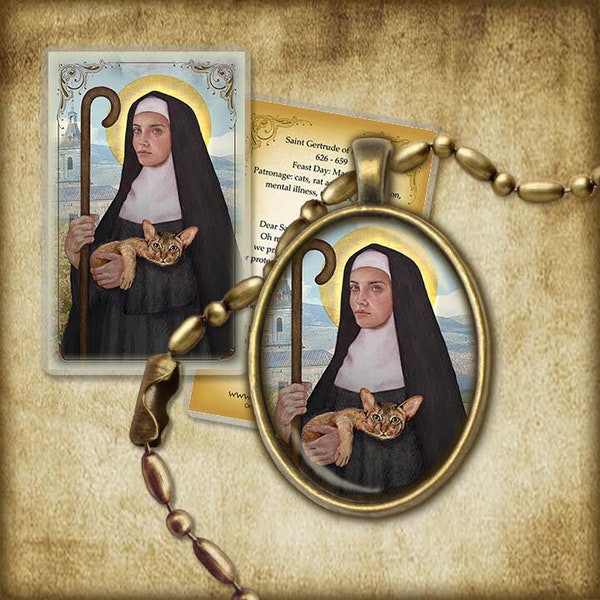 St. Gertrude of Nivelles Pendant and Holy Card GIFT SET, Patron of cats and gardens