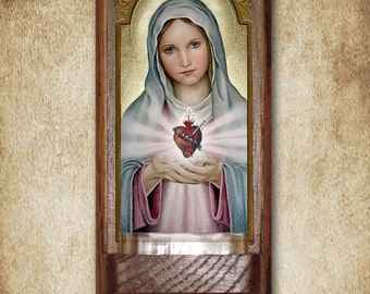 Immaculate Heart Holy Water Font, Oak, Catholic, 7.5" x 3.5", Free Shipping