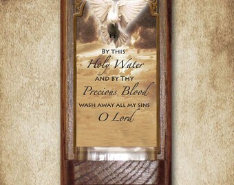 Holy Spirit Holy Water Font, Oak, Catholic, 7.5" x 3.5", Free Shipping