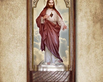 Sacred Heart (full-length) Holy Water Font, Oak, Catholic, 7.5" x 3.5", Free Shipping