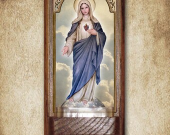 Immaculate Heart (full-length) Holy Water Font, Oak, Catholic, 7.5" x 3.5", Free Shipping