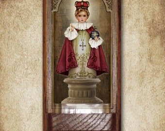 Infant of Prague Holy Water Font, Oak, Catholic, 7.5" x 3.5", Free Shipping
