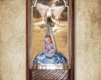Baptism Gift, Giver of Life Holy Water Font, Oak, Catholic, Pro-life, Holy Spirit