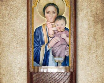 Our Lady of LaVang, Vietnam, Holy Water Font, Oak, Catholic, 7.5" x 3.5", Free Shipping