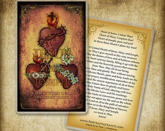The Three Hearts Holy Card/ Prayer Card, Sacred Heart of Jesus, Mary, Joseph