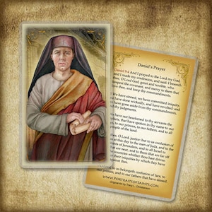 May include: A religious art print featuring a portrait of Daniel, a biblical prophet, holding scrolls. The print includes a quote from Daniel's prayer in the Bible, "Daniel 9:4 And I prayed to the Lord my God, and I made my confession, and said: I beseech thee, O Lord God, great and terrible, who keepest the covenant, and mercy to them that love thee, and keep thy commandments."