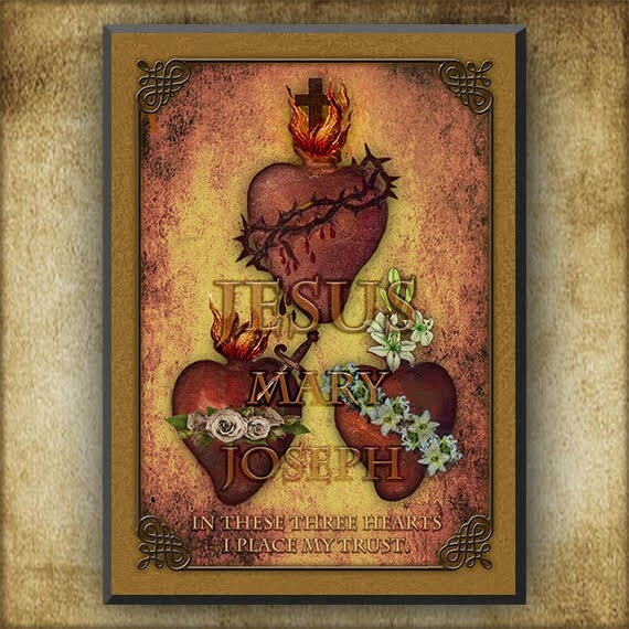 The Three Hearts Wood Plaque/wood Icon and Holy Card GIFT SET