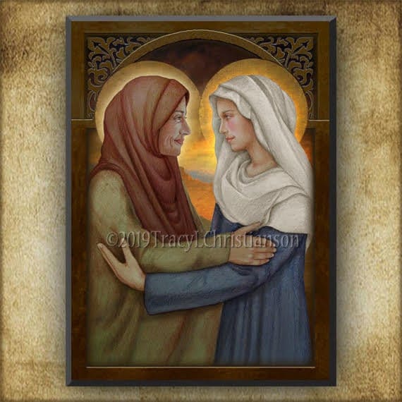 The Visitation of the Bl. Virgin Mary to St. Elizabeth Wood Icon & Holy Card GIFT SET for a new mother