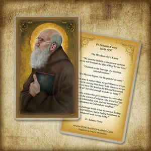 May include: A vintage-style illustration of a Catholic priest, Fr. Solanus Casey, with a quote from him about the importance of gratitude and serving God. The image is in a warm, earthy color palette and features a halo around the priest's head.