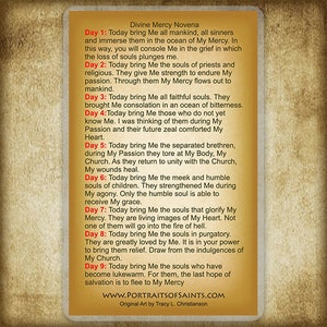 May include: A vintage-style image with a beige background and brown text. The text describes the Divine Mercy Novena, a nine-day prayer cycle. Each day focuses on a different aspect of God's mercy, with a specific group of people to pray for.