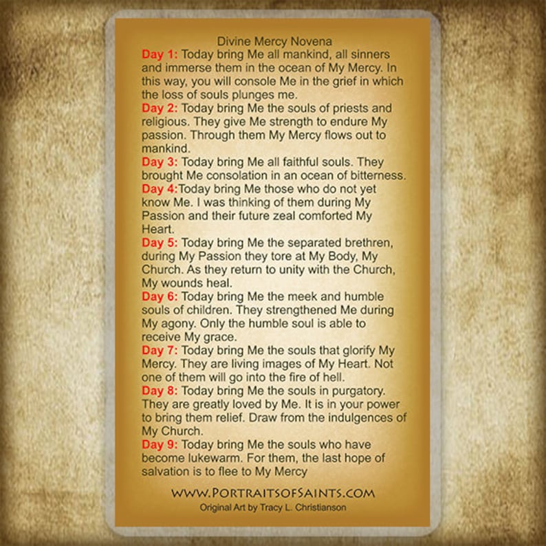 May include: A vintage-style image with a beige background and brown text. The text describes the Divine Mercy Novena, a nine-day prayer cycle. Each day focuses on a different aspect of God's mercy, with a specific group of people to pray for.