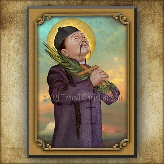 【Special Price】 熾天使棺額縁オブジェ St. Mark Ji Tianxiang Wood Plaque & Holy Card GIFT SET, Saint for