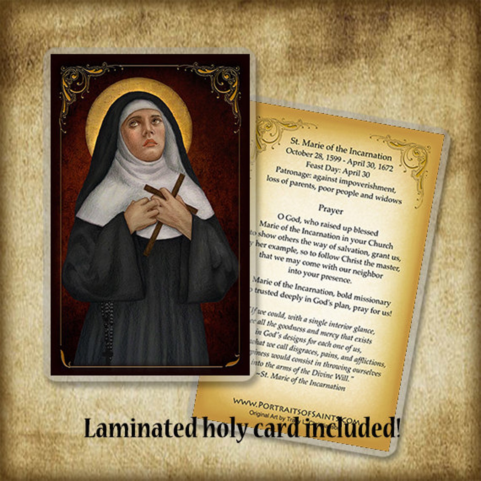 St. Marie of the Incarnation Wood Icon & Holy Card GIFT SET Patron ...