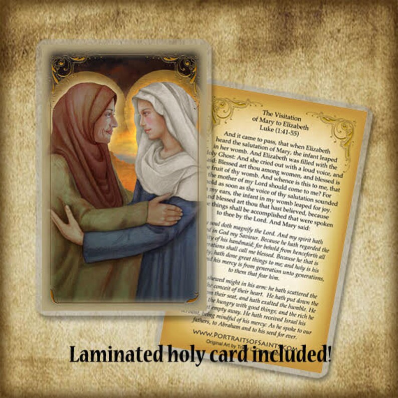 The Visitation of the Bl. Virgin Mary to St. Elizabeth Wood Icon & Holy Card GIFT SET for a new mother image 2