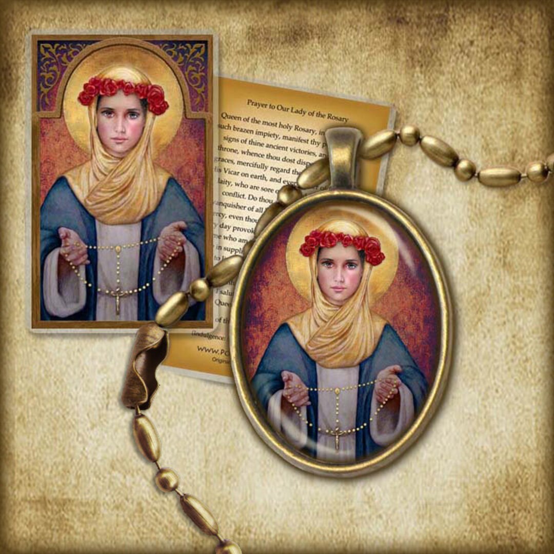 Our Lady of the Rosary Pendant and Holy Card GIFT SET, for 1st Holy ...