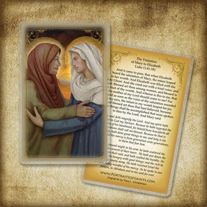 K&ouml;nnte beinhalten: Eine religi&ouml;se Illustration, die die Visitation Mariens zu Elisabeth darstellt. Das Bild zeigt Maria, die in Blau gekleidet ist, wie sie Elisabeth umarmt, die ein rotes Kleid tr&auml;gt. Der Text unter dem Bild lautet "Die Visitation Mariens zu Elisabeth Lukas (1:41-55)" und enth&auml;lt eine Passage aus der Bibel.