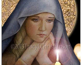 May include: A painting of a woman with a blue veil and a lit candle. She is looking down with a sad expression. The text "2013 Tracy L Christianson" is in the lower right corner of the image.