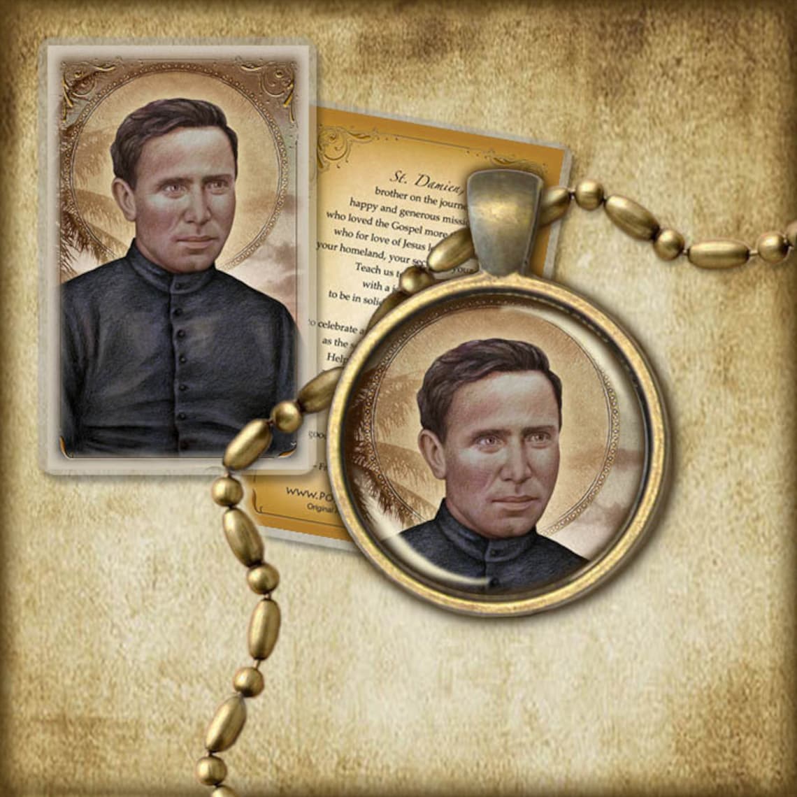 St. Damien of Molokai Pendant and Holy Card GIFT SET, Catholic Saint of ...