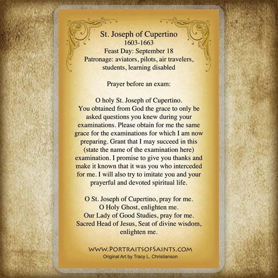 St Joseph Of Cupertino Prayer Card Patron Of Pilots Etsy
