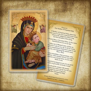 May include: A religious prayer card featuring a painting of the Virgin Mary holding a child. The card includes a prayer to Our Mother of Perpetual Help. The text on the card reads "Prayer to Our Mother of Perpetual Help".