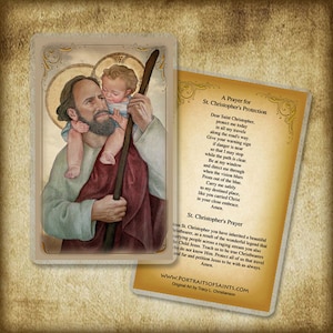 May include: A vintage-style prayer card featuring a colorful illustration of Saint Christopher carrying a child. The card includes a prayer for protection and a prayer for St. Christopher. The text on the card is in a traditional font.