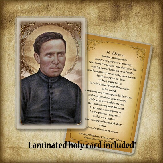 St. Damien of Molokai Wood Plaque & Holy Card GIFT SET, Catholic Saint ...