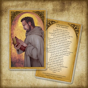 May include: A vintage-style illustration of Saint Augustine, a Catholic saint, holding a book. The image is in a warm color palette with a gold frame. The text below the image reads "A Beautiful Prayer by St. Augustine" and includes a prayer written by Saint Augustine.