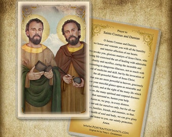 Sts. Cosmas and Damian Holy Card, Catholic saints who are twins