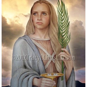 May include: A woman with long blonde hair holds a golden chalice with two eyes on it. She is wearing a blue robe and holding a green palm frond. The background is a cloudy sky with a sunset.